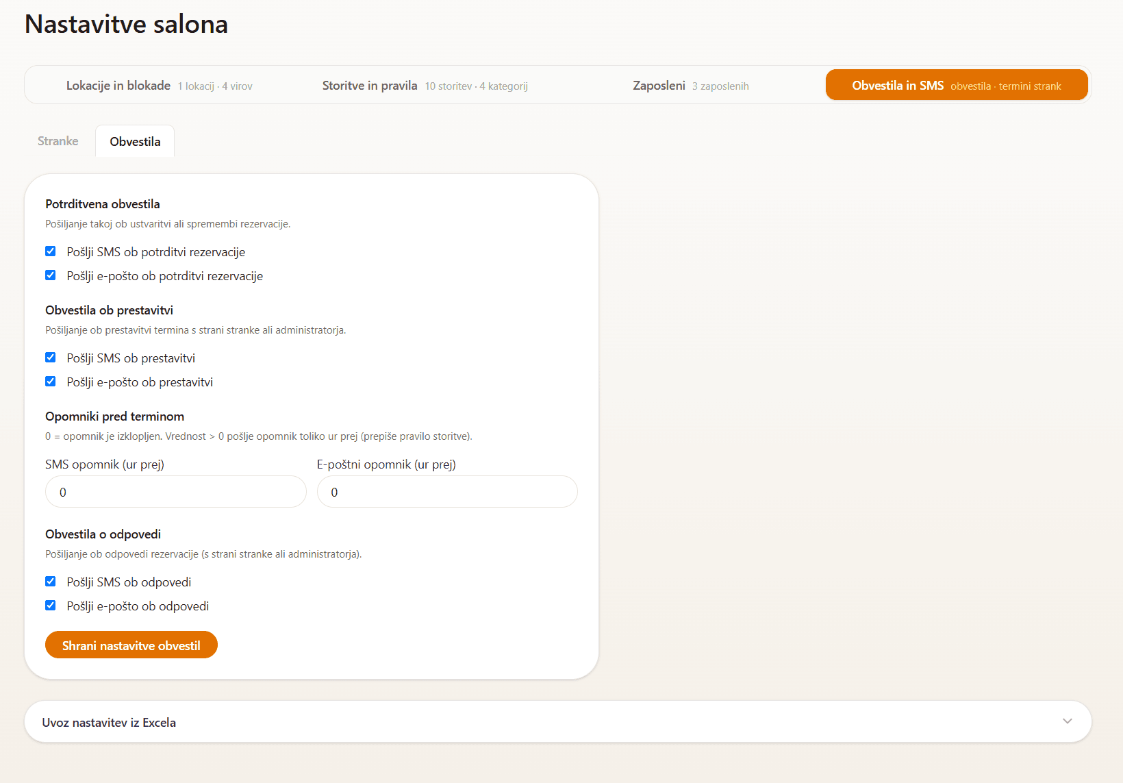 Stanje dostave SMS in e-poštnih opomnikov